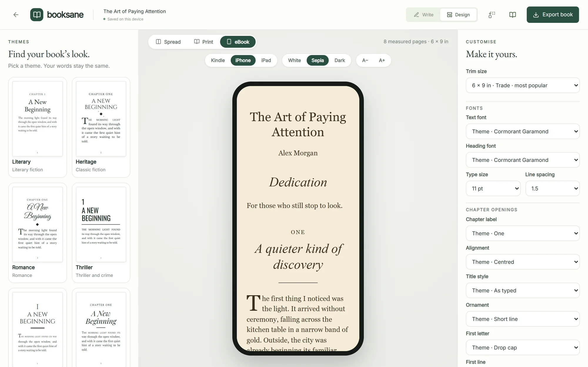 Previewing the ebook on a phone in Booksane